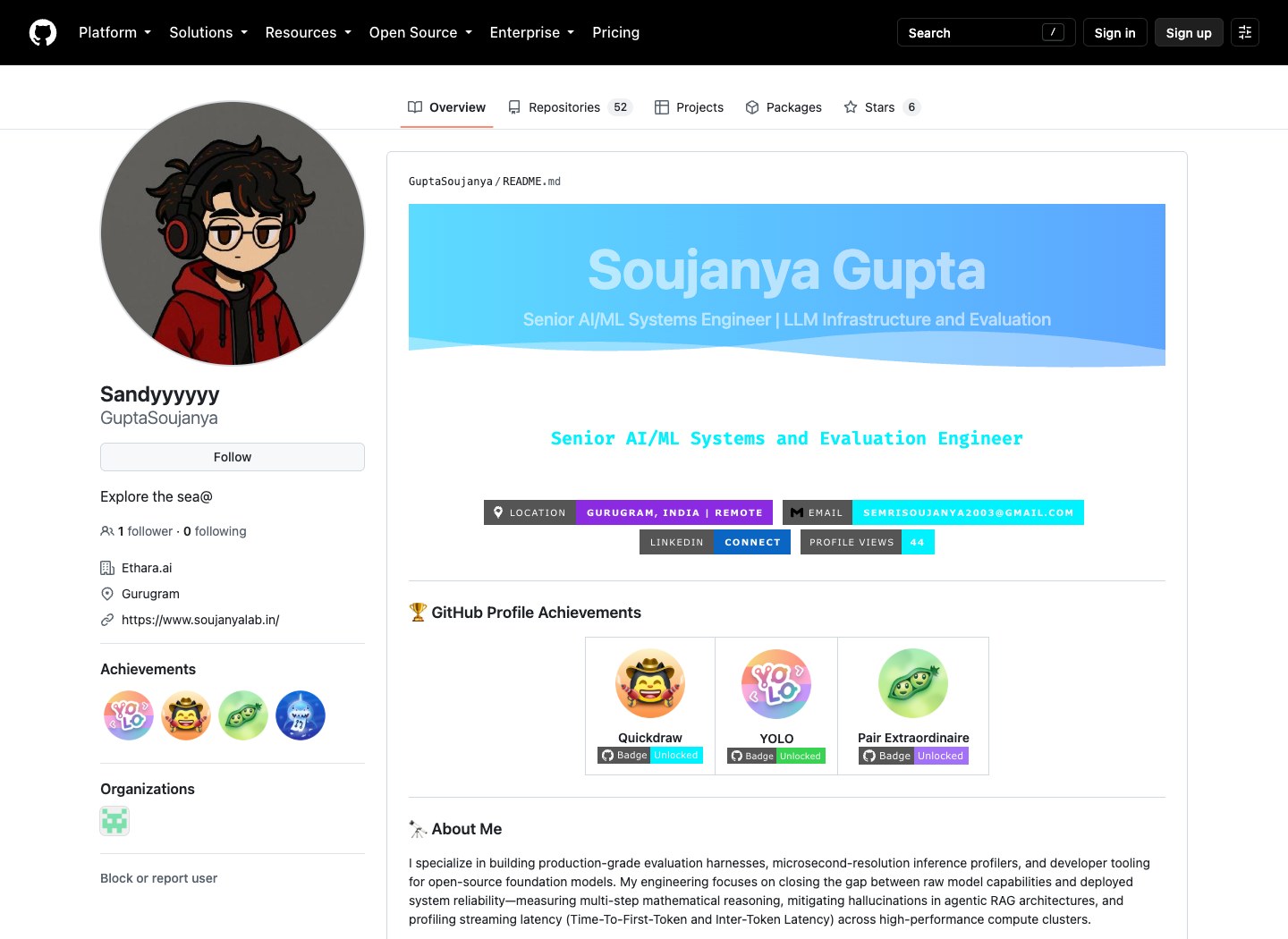 Screenshot of GuptaSoujanya’s public GitHub profile, including the README and achievement badges